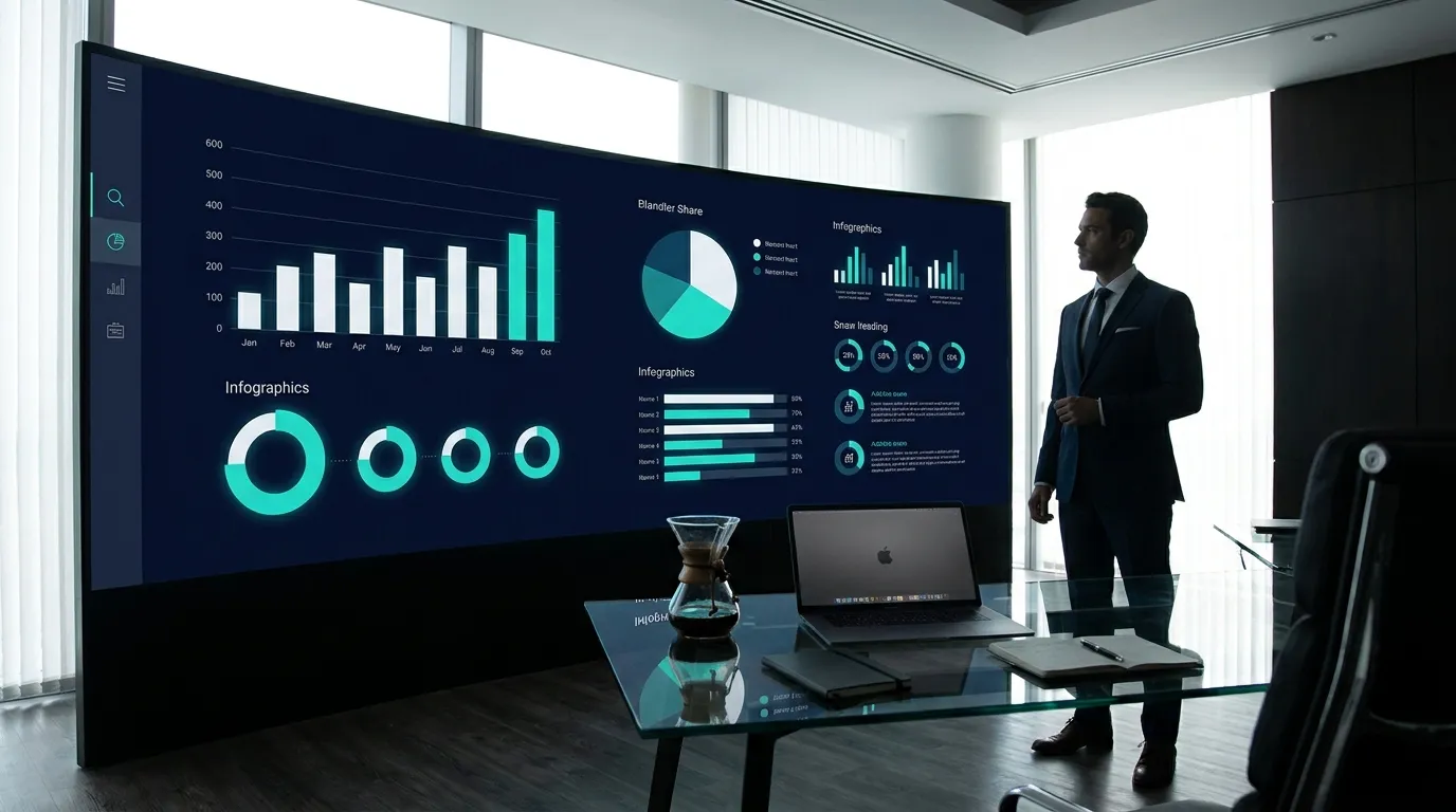 A professional presenting modern corporate presentation design ideas on a sleek screen with data visualizations in a boardroom setting.