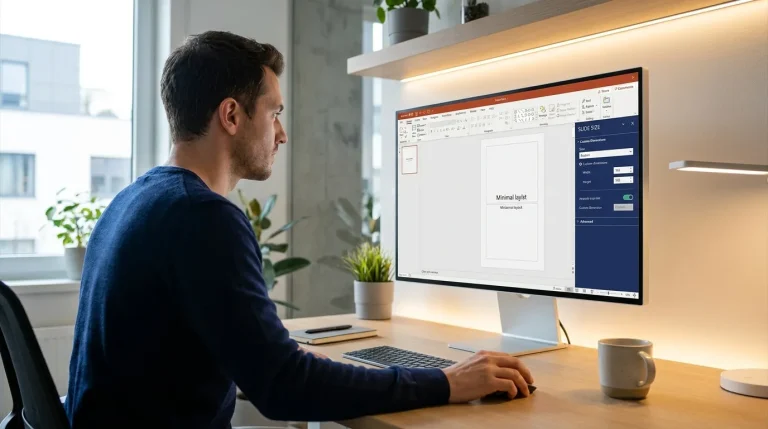 A designer adjusting PowerPoint portrait slide settings on a modern monitor in a clean minimal studio workspace.