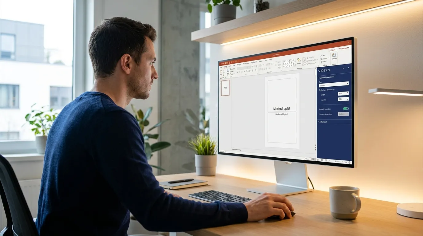 A designer adjusting PowerPoint portrait slide settings on a modern monitor in a clean minimal studio workspace.