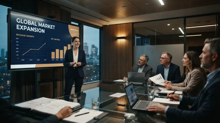 A startup founder confidently delivering investor presentation preparation slides to a panel of investors in a modern corporate meeting room.