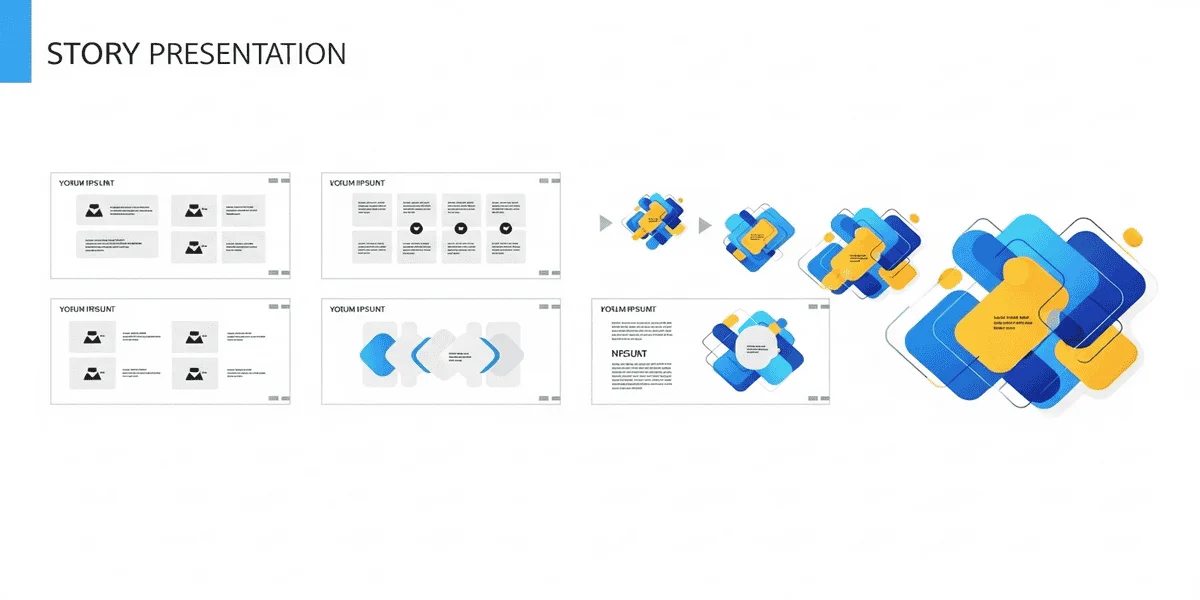 Visual flow of presentation slides illustrating how narrative design guides the correct theme for power point choices.