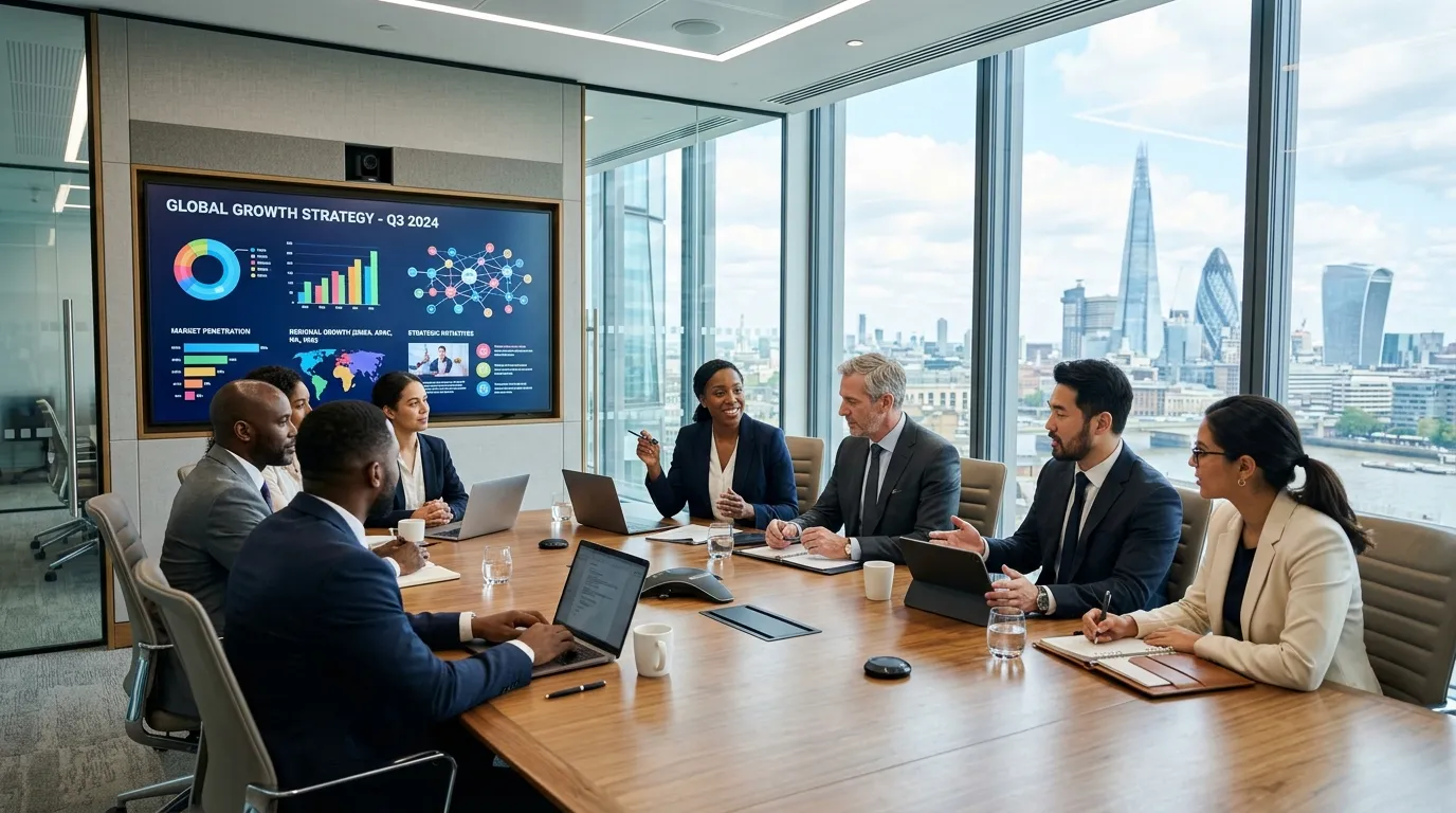 Professional team reviewing creative presentation design slides in a modern London corporate office workspace