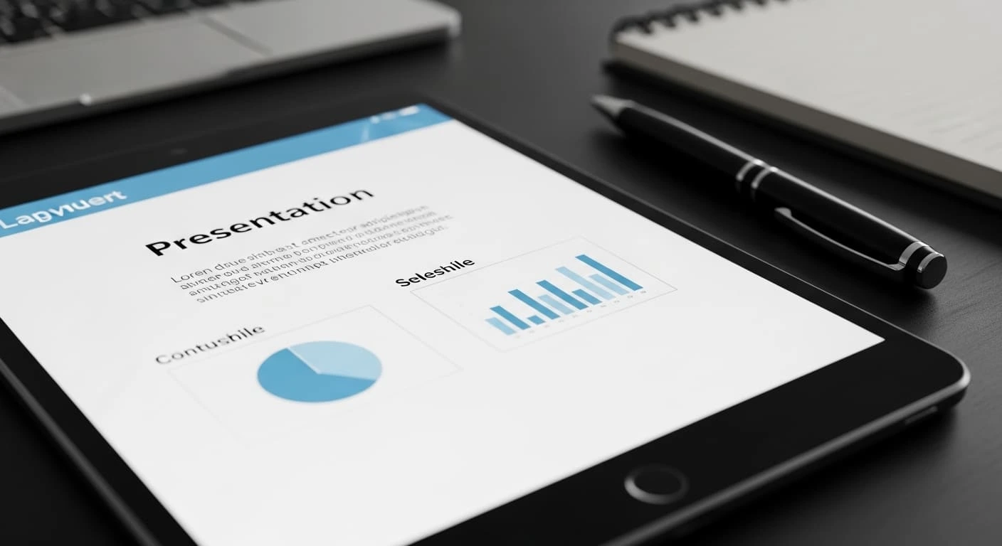 consistent microsoft powerpoint brand templates A professional tablet displaying a clean, branded PowerPoint template next to a notebook.