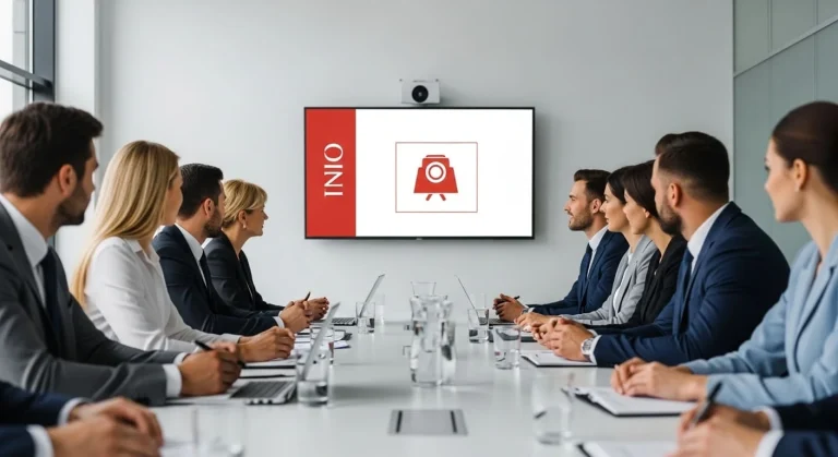 A team of diverse professionals leaning in to watch a sleek presentation in a modern boardroom.