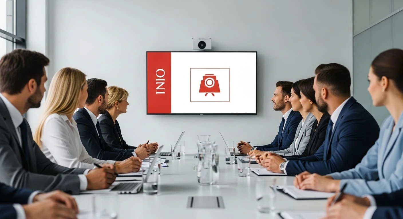 A team of diverse professionals leaning in to watch a sleek presentation in a modern boardroom.