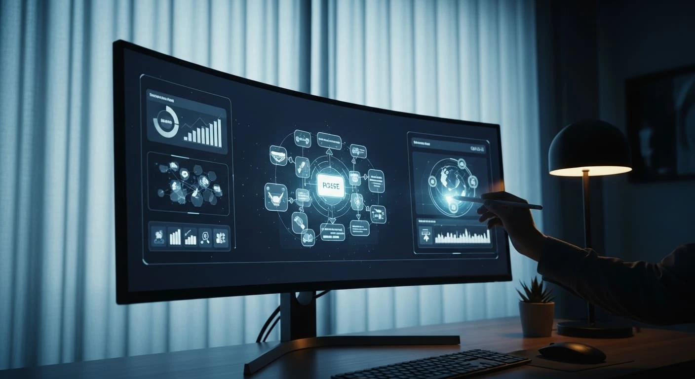 powerpoint data visualization smartart diagrams A close-up photograph of a hand using a stylus to create a sophisticated 3D SmartArt diagram on a monitor.
